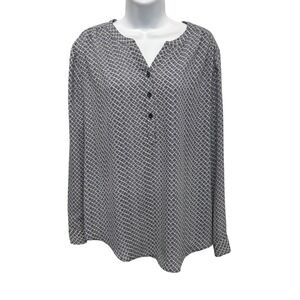 Chicos Womens Size 2 Large Navy‎ Blue Geometric Print Henley Blouse Long Sleeve